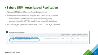 vSphere SRM: Array-based Replication
• Storage DRS identifies replicated datastores
• All recommendations are in sync with replication policies:
– Automated moves within the same consistency group
– Manual moves for all VMs residing on replicated datastores
• Accounting of replication overhead due to Storage vMotion
27
 