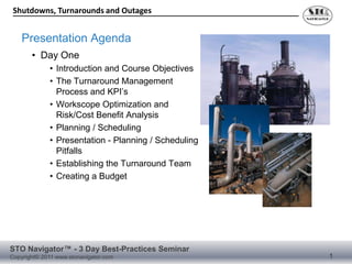 Shutdowns, Turnarounds and Outages


    Presentation Agenda
       • Day One
             • Introduction and Course Objectives
             • The Turnaround Management
               Process and KPI‟s
             • Workscope Optimization and
               Risk/Cost Benefit Analysis
             • Planning / Scheduling
             • Presentation - Planning / Scheduling
               Pitfalls
             • Establishing the Turnaround Team
             • Creating a Budget




STO Navigator™ - 3 Day Best-Practices Seminar
Copyright© 2011 www.stonavigator.com                  1
 