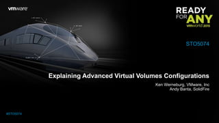 Explaining Advanced Virtual Volumes Configurations
Ken Werneburg, VMware, Inc
Andy Banta, SolidFire
STO5074
#STO5074
 