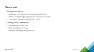 Overview
• VVols motivations
– Separation of VMware and storage management
– Better use of storage capacity and network bandwidth
– The upshot: better scalability and control
• Configuration examples
– Memory overprovisioning
– Multi-tenant use of VVols
– Disaster Recovery configurations
CONFIDENTIAL 11
 