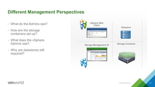 Different Management Perspectives
• What do the Admins see?
• How are the storage
containers set up?
• What does the vSphere
Admins see?
• Why are datastores still
required?
CONFIDENTIAL 13
vSphere Web
Client
Storage Management UI
Datastore
Storage Container
 