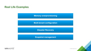 Real Life Examples
CONFIDENTIAL 21
Memory overprovisioning
Multi-tenant configuration
Disaster Recovery
Snapshot management
 