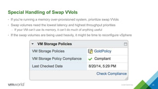 Special Handling of Swap VVols
• If you’re running a memory over-provisioned system, prioritize swap VVols
• Swap volumes need the lowest latency and highest throughput priorities
– If your VM can’t use its memory, it can’t do much of anything useful
• If the swap volumes are being used heavily, it might be time to reconfigure vSphere
CONFIDENTIAL 23
 