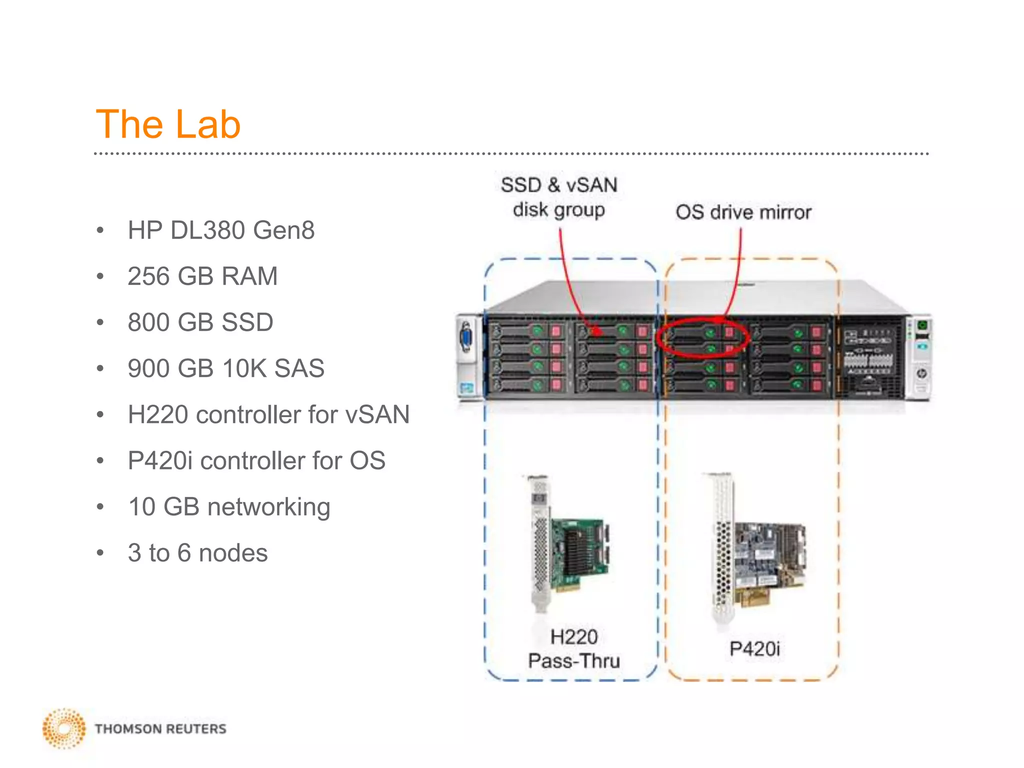 The Lab
• HP DL380 Gen8
• 256 GB RAM
• 800 GB SSD
• 900 GB 10K SAS
• H220 controller for vSAN
• P420i controller for OS
• 10 GB networking
• 3 to 6 nodes
 