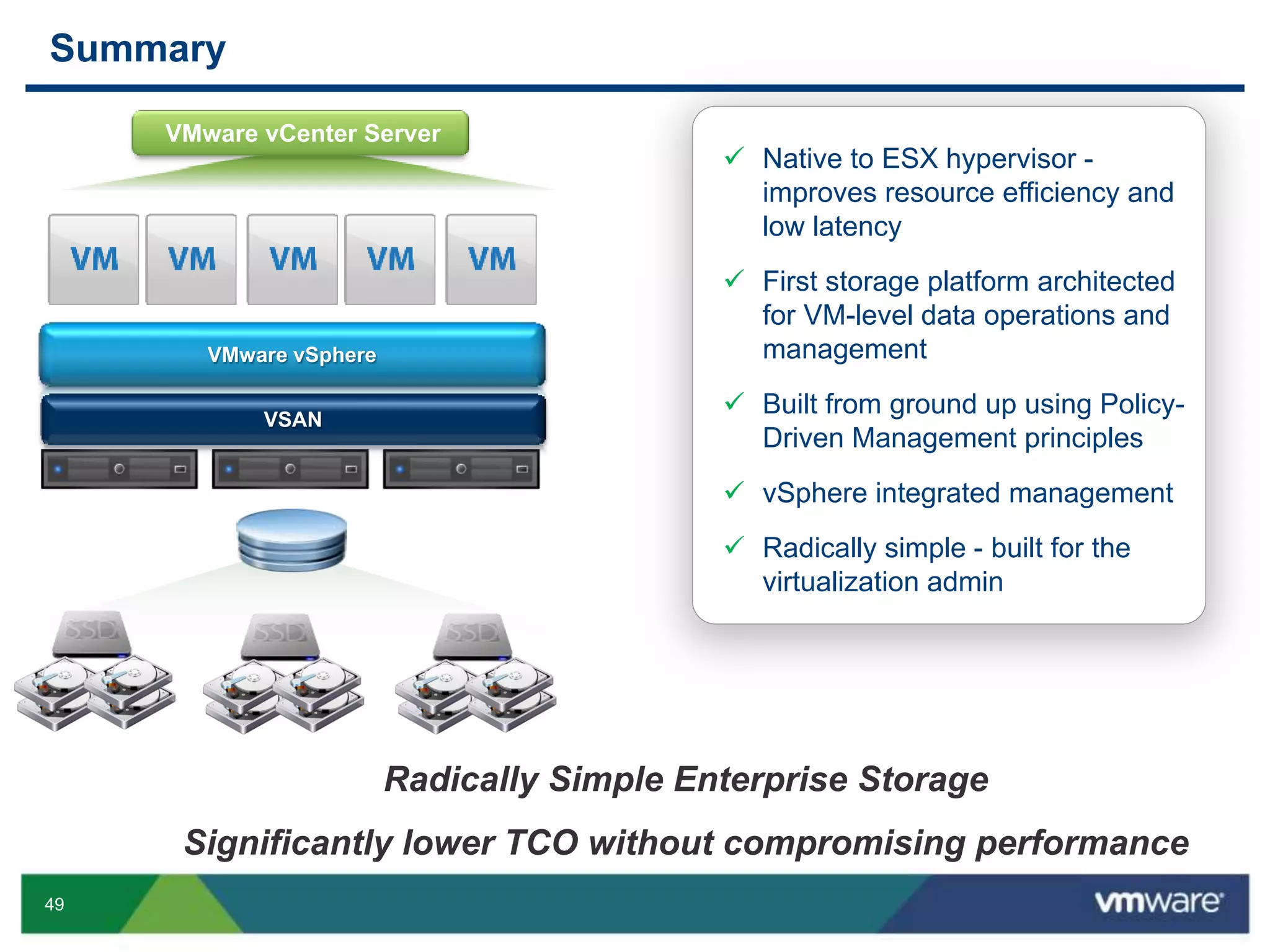 49
Summary
VMware vCenter Server
 Native to ESX hypervisor -
improves resource efficiency and
low latency
 First storage platform architected
for VM-level data operations and
management
 Built from ground up using Policy-
Driven Management principles
 vSphere integrated management
 Radically simple - built for the
virtualization admin
Radically Simple Enterprise Storage
Significantly lower TCO without compromising performance
VMware vSphere
VSAN
 