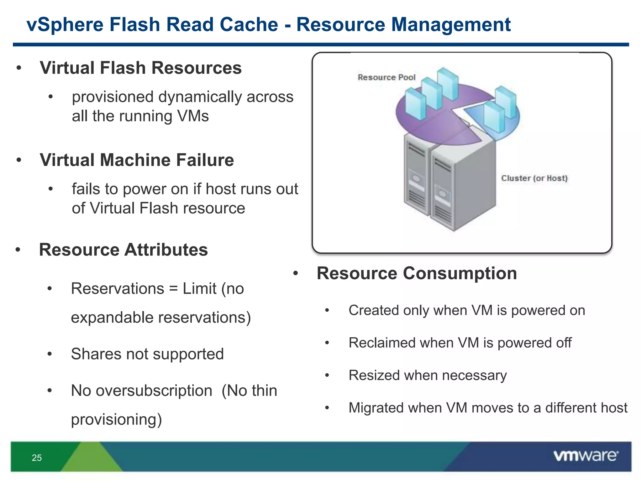 25
vSphere Flash Read Cache - Resource Management
• Virtual Flash Resources
• provisioned dynamically across
all the running VMs
• Virtual Machine Failure
• fails to power on if host runs out
of Virtual Flash resource
• Resource Attributes
• Reservations = Limit (no
expandable reservations)
• Shares not supported
• No oversubscription (No thin
provisioning)
• Resource Consumption
• Created only when VM is powered on
• Reclaimed when VM is powered off
• Resized when necessary
• Migrated when VM moves to a different host
 