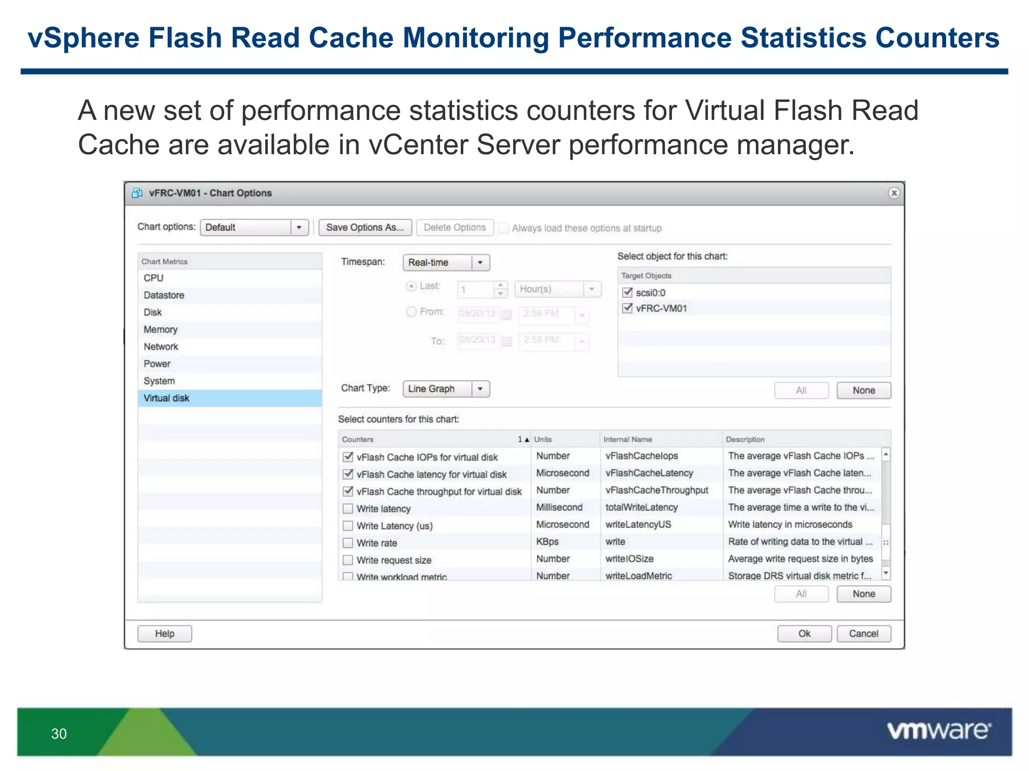 30
vSphere Flash Read Cache Monitoring Performance Statistics Counters
A new set of performance statistics counters for Virtual Flash Read
Cache are available in vCenter Server performance manager.
 