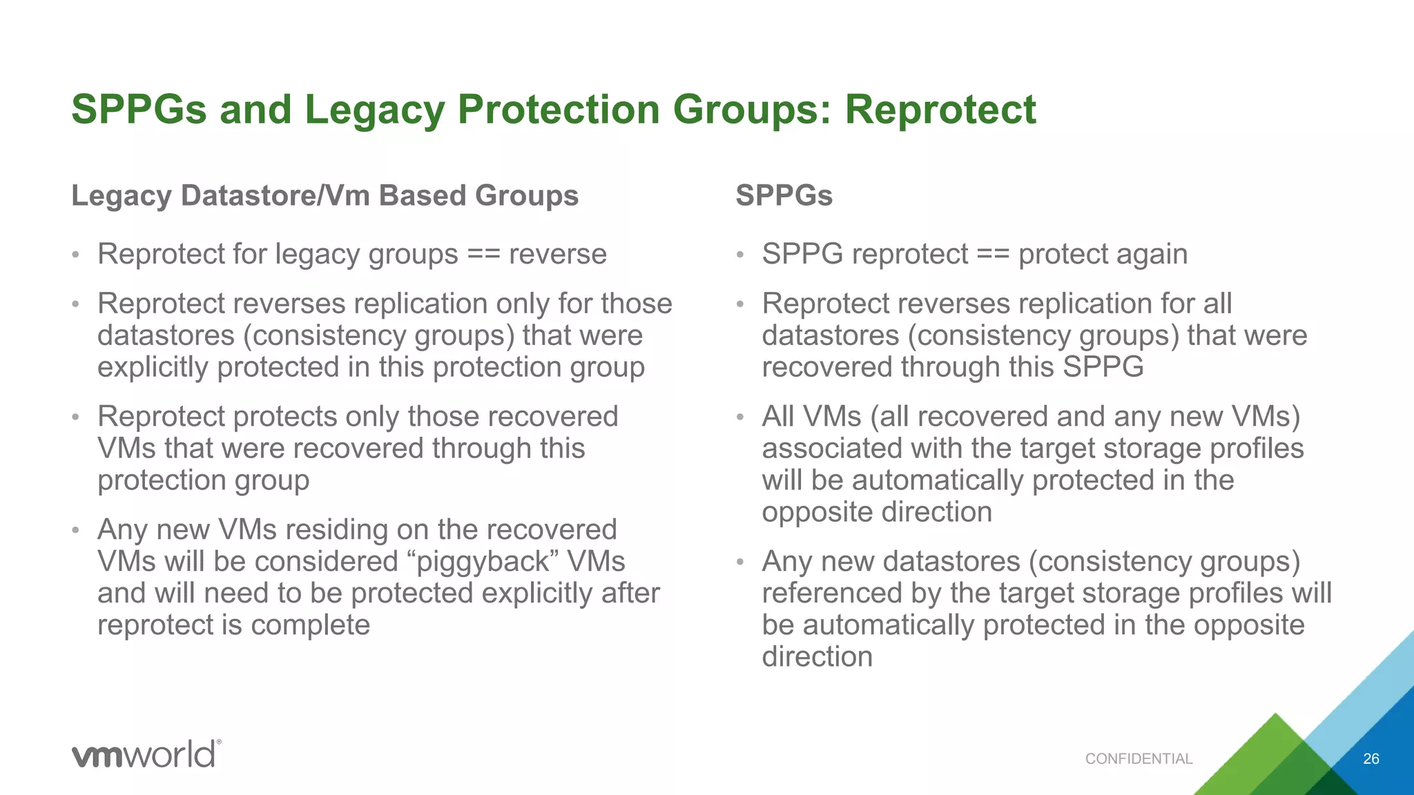 SPPGs and Legacy Protection Groups: Reprotect
Legacy Datastore/Vm Based Groups
• Reprotect for legacy groups == reverse
• Reprotect reverses replication only for those
datastores (consistency groups) that were
explicitly protected in this protection group
• Reprotect protects only those recovered
VMs that were recovered through this
protection group
• Any new VMs residing on the recovered
VMs will be considered “piggyback” VMs
and will need to be protected explicitly after
reprotect is complete
SPPGs
• SPPG reprotect == protect again
• Reprotect reverses replication for all
datastores (consistency groups) that were
recovered through this SPPG
• All VMs (all recovered and any new VMs)
associated with the target storage profiles
will be automatically protected in the
opposite direction
• Any new datastores (consistency groups)
referenced by the target storage profiles will
be automatically protected in the opposite
direction
CONFIDENTIAL 26
 