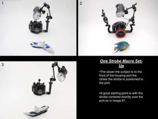 •The closer the subject is to the
front of the housing port the
closer the strobe is positioned to
the port.
One Strobe Macro Set-
Up
•A good starting point is with the
strobe centered directly over the
port as in image #1.
1 2
3
 