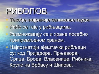 РИБОЛОВ

• Такође, најраније занимање људи.
• Рибе се гаје у рибњацима.
• Размножавају се и хране посебно
•

припремљеном храном.
Најпознатији вјештачки рибљаци
су: код Приједора, Прњавора,
Српца, Брода, Власенице, Рибника,
Крупе на Врбасу и Шипова.

 