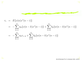 RXX(n) = RWW (n) ∗ h∗
(−n) ∗ h(n) = σ2
W h∗
(−n) ∗ h(n)
= σ2
W
∞
X
k=0
h∗
(n + k)h(k)
= σ2
W

|b1|2
(λ∗
1)n
1 − |λ1|2
+
b∗
1b2(λ∗
1)n
1 − λ∗
1λ2
+
b1b∗
2(λ∗
2)n
1 − λ1λ∗
2
+
|b2|2
(λ∗
2)n
1 − |λ2|2

AKU-EE/Stochastic/HA, 1st Semester, 85-86 – p.85/105
 