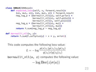 This code computes the following loss value:
bernoulli_nll(a, z) computes the following value:
23
class SBNLR(SBNBase):
de...