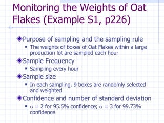 Monitoring the Weights of Oat Flakes (Example S1, p226) Purpose of sampling and the sampling rule The weights of boxes of Oat Flakes within a large production lot are sampled each hour Sample Frequency Sampling every hour Sample size In each sampling, 9 boxes are randomly selected and weighted Confidence and number of standard deviation    = 2 for 95.5% confidence;    = 3 for 99.73% confidence 