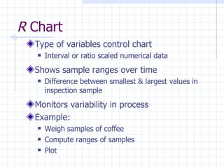 Type of variables control chart Interval or ratio scaled numerical data Shows sample ranges over time Difference between smallest & largest values in inspection sample Monitors variability in process Example:  Weigh samples of coffee  Compute ranges of samples  Plot R  Chart 