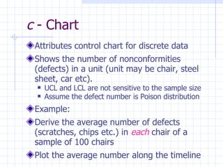 Attributes control chart for discrete data Shows the number of nonconformities (defects) in a unit (unit may be chair, steel sheet, car etc). UCL and LCL are not sensitive to the sample size Assume the defect number is Poison distribution Example:  Derive the average number of defects (scratches, chips etc.) in  each  chair of a sample of 100 chairs Plot the average number along the timeline c  - Chart 