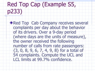 Red Top Cap (Example S5, p233) Red Top  Cab Company receives several complaints per day about the behavior of its drivers. Over a 9-day period (where days are the units of measure), the owner received the following number of calls from rate passengers: {3, 0, 8, 9, 6, 7, 4, 9, 8} for a total of 54 complaints. Compute the UCL and LCL limits at 99.7% confidence. 