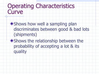 Shows how well a sampling plan discriminates between good & bad lots (shipments) Shows the relationship between the probability of accepting a lot & its quality Operating Characteristics Curve 