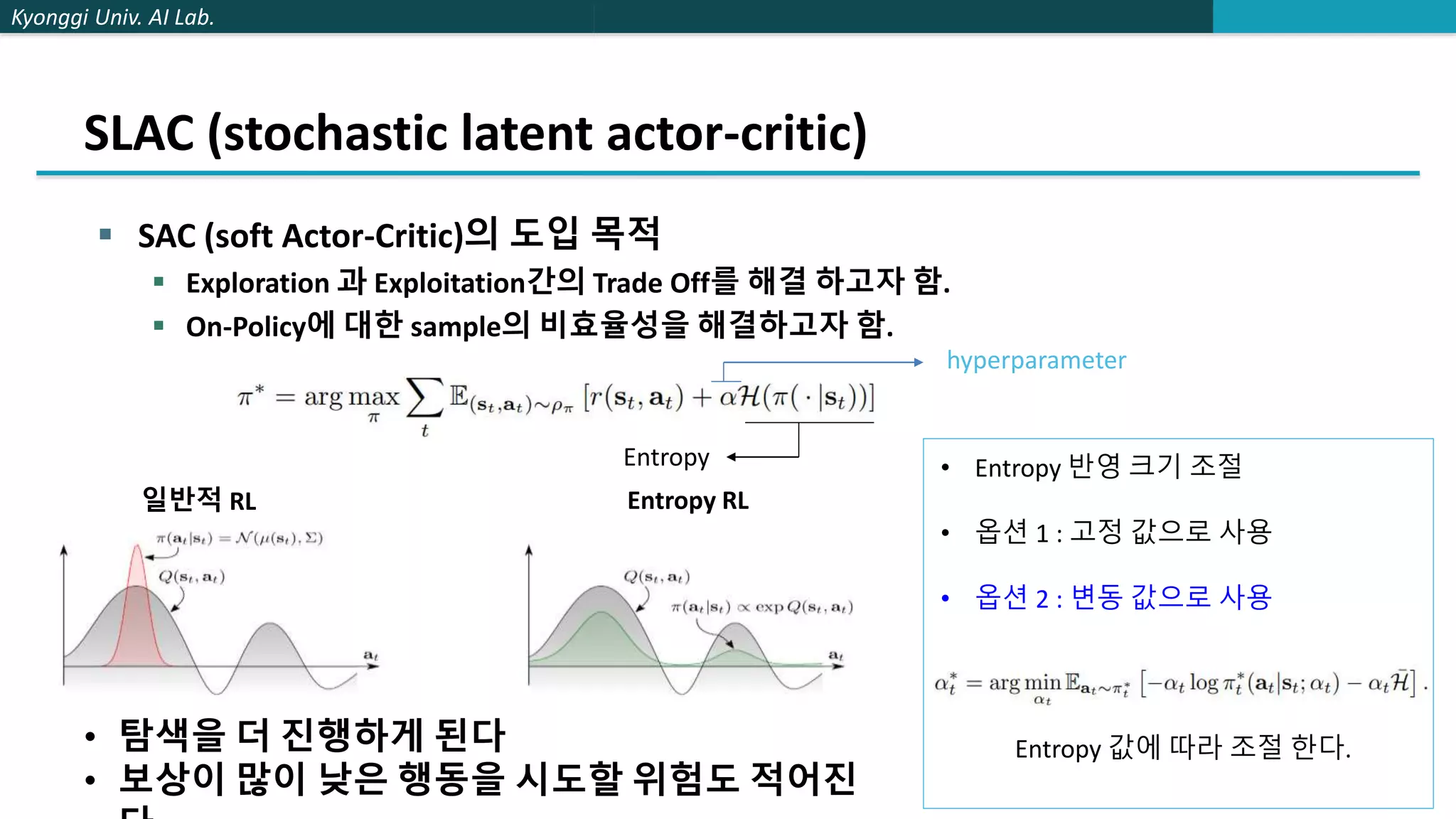 Kyonggi Univ. AI Lab.
SLAC (stochastic latent actor-critic)
 SAC (soft Actor-Critic)의 도입 목적
 Exploration 과 Exploitation간의 Trade Off를 해결 하고자 함.
 On-Policy에 대한 sample의 비효율성을 해결하고자 함.
Entropy RL
일반적 RL
Entropy
• 탐색을 더 진행하게 된다
• 보상이 많이 낮은 행동을 시도할 위험도 적어진
hyperparameter
• Entropy 반영 크기 조절
• 옵션 1 : 고정 값으로 사용
• 옵션 2 : 변동 값으로 사용
Entropy 값에 따라 조절 한다.
 