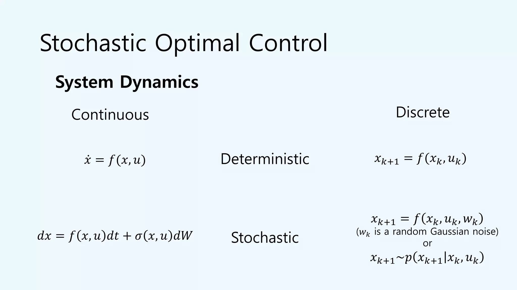 Stochastic Optimal Control
DiscreteContinuous
Stochastic
Deterministicሶ𝑥 = 𝑓(𝑥, 𝑢)
𝑑𝑥 = 𝑓 𝑥, 𝑢 𝑑𝑡 + 𝜎 𝑥, 𝑢 𝑑𝑊
𝑥 𝑘+1 = 𝑓(𝑥 𝑘, 𝑢 𝑘)
𝑥 𝑘+1 = 𝑓 𝑥 𝑘, 𝑢 𝑘, 𝑤 𝑘
(𝑤 𝑘 is a random Gaussian noise)
or
𝑥 𝑘+1~𝑝 𝑥 𝑘+1 𝑥 𝑘, 𝑢 𝑘
System Dynamics
 