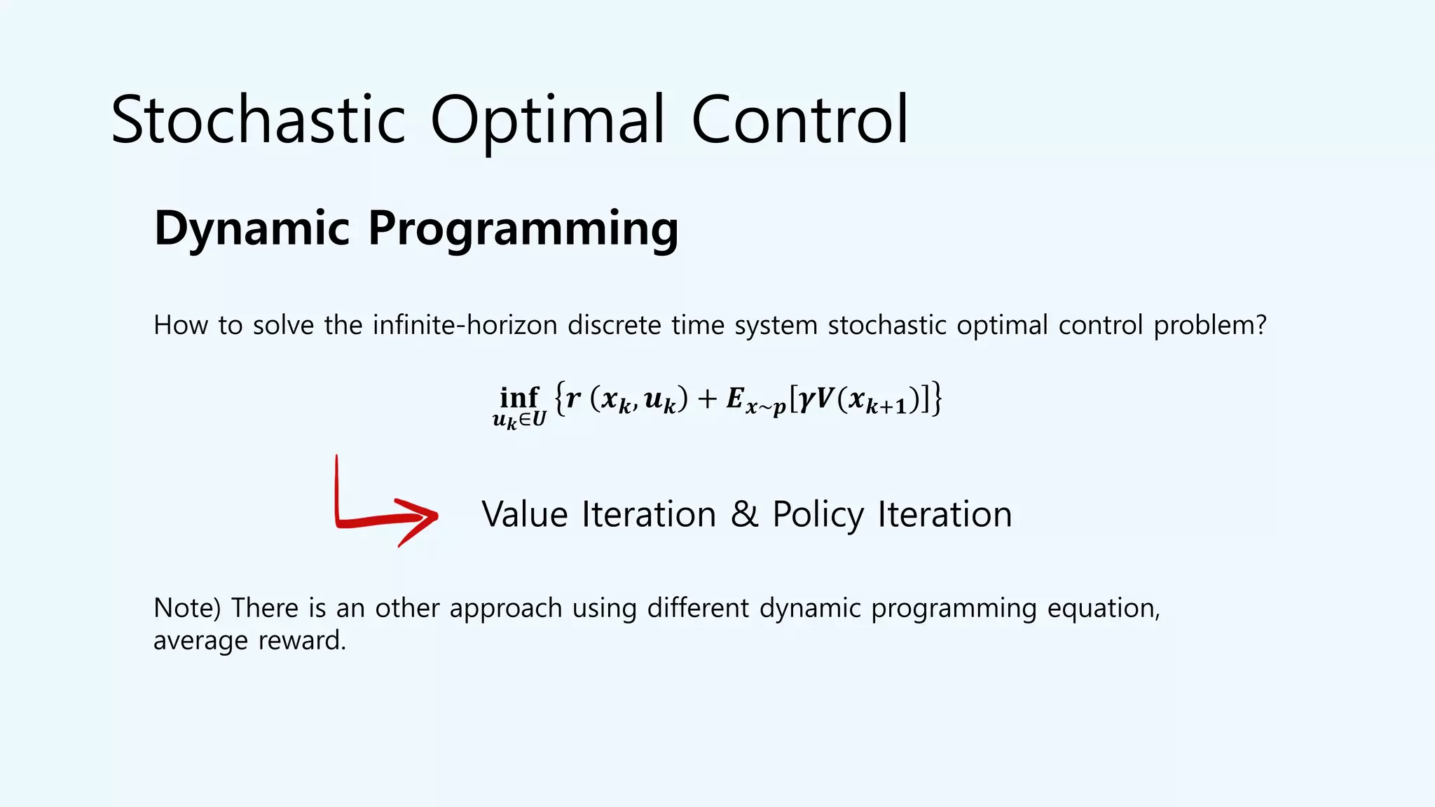 Stochastic Optimal Control
Dynamic Programming
𝐢𝐧𝐟
𝒖 𝒌∈𝑼
𝒓 𝒙 𝒌, 𝒖 𝒌 + 𝑬 𝒙~𝒑 𝜸𝑽(𝒙 𝒌+𝟏)
How to solve the infinite-horizon discrete time system stochastic optimal control problem?
Note) There is an other approach using different dynamic programming equation,
average reward.
Value Iteration & Policy Iteration
 