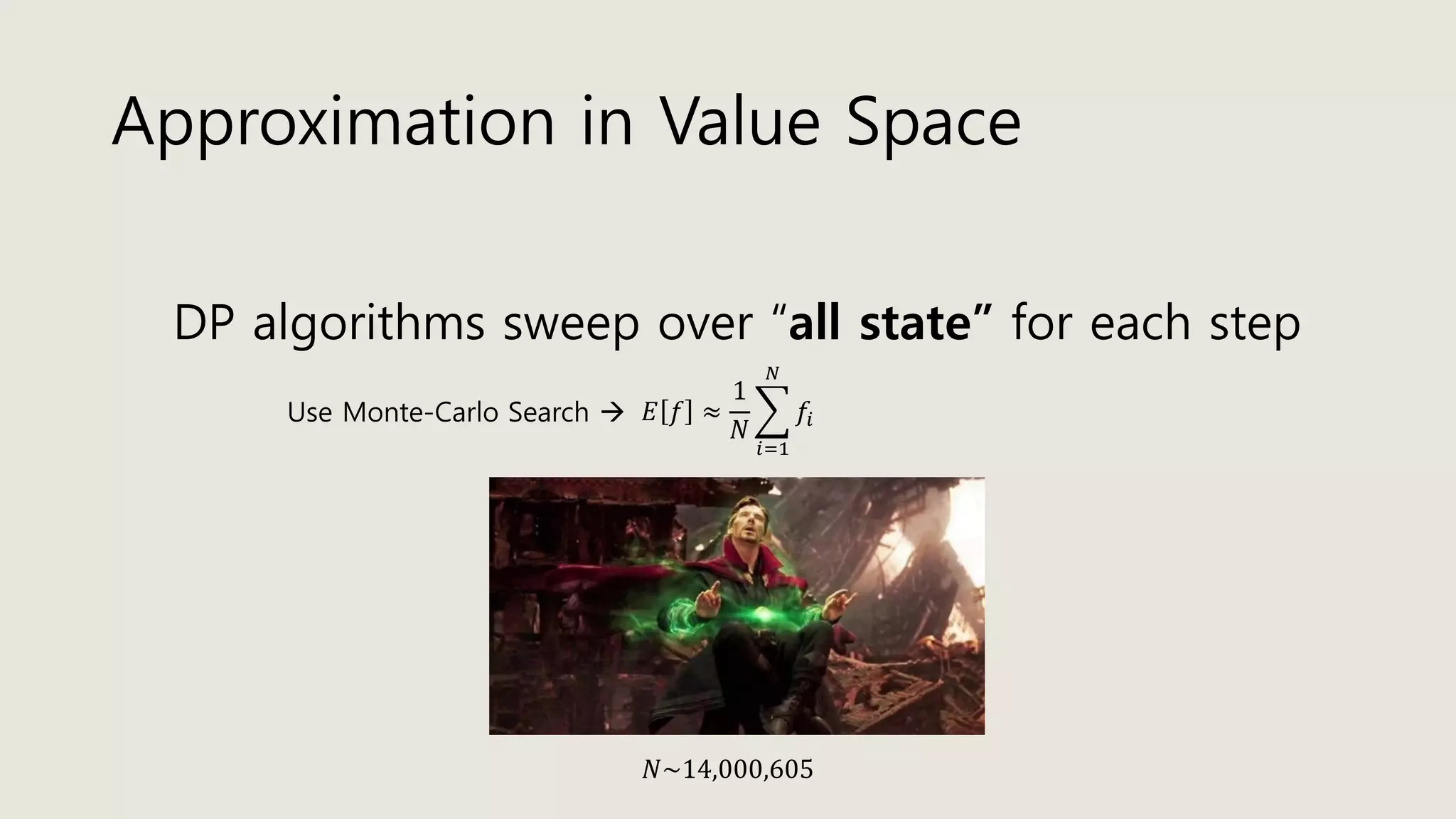 Approximation in Value Space
DP algorithms sweep over “all state” for each step
𝑁~14,000,605
Use Monte-Carlo Search  𝐸 𝑓 ≈
1
𝑁
෍
𝑖=1
𝑁
𝑓𝑖
 