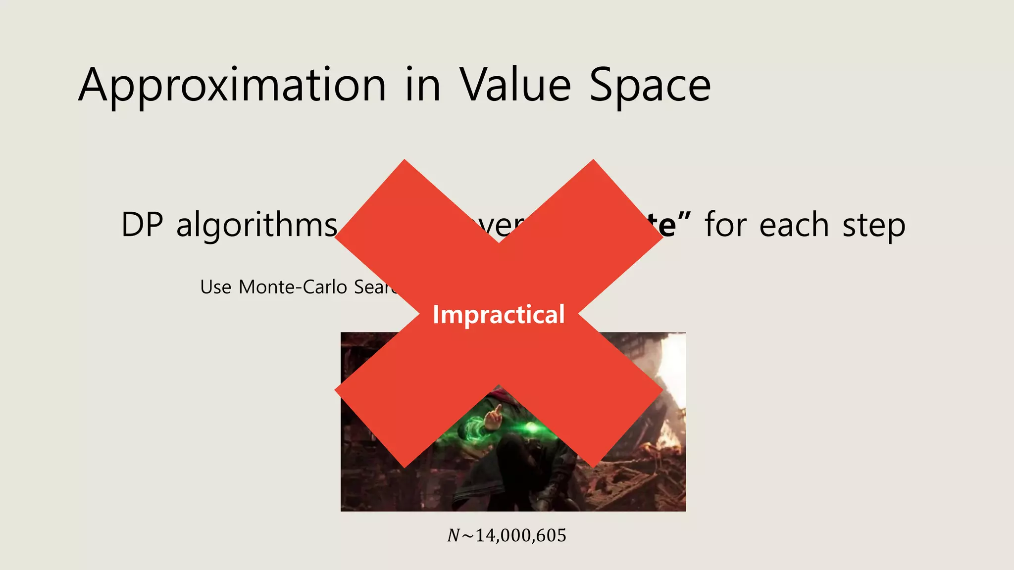Approximation in Value Space
DP algorithms sweep over “all state” for each step
𝑁~14,000,605
Use Monte-Carlo Search  𝐸 𝑓 ≈
1
𝑁
෍
𝑖=1
𝑁
𝑓𝑖
Impractical
 