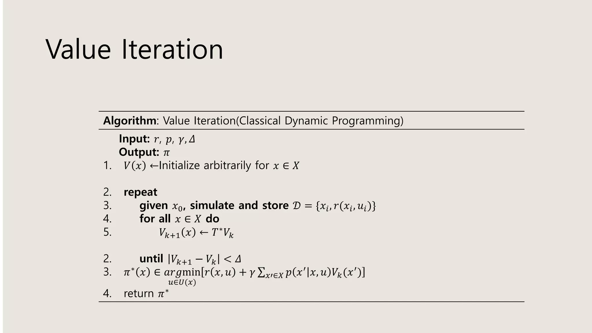 Value Iteration
Algorithm: Value Iteration(Classical Dynamic Programming)
Input: 𝑟, 𝑝, 𝛾, 𝛥
Output: 𝜋
1. 𝑉 𝑥 ←Initialize arbitrarily for 𝑥 ∈ 𝑋
2. repeat
3. given 𝑥0, simulate and store 𝒟 = {𝑥𝑖, 𝑟(𝑥𝑖, 𝑢𝑖)}
4. for all 𝑥 ∈ 𝑋 do
5. 𝑉𝑘+1 𝑥 ← 𝑇∗ 𝑉𝑘
2. until 𝑉𝑘+1 − 𝑉𝑘 < 𝛥
3. 𝜋∗
𝑥 ∈ 𝑎𝑟𝑔min
𝑢∈𝑈(𝑥)
𝑟 𝑥, 𝑢 + 𝛾 σ 𝑥′∈𝑋 𝑝 𝑥′
𝑥, 𝑢 𝑉𝑘(𝑥′
)
4. return 𝜋∗
 