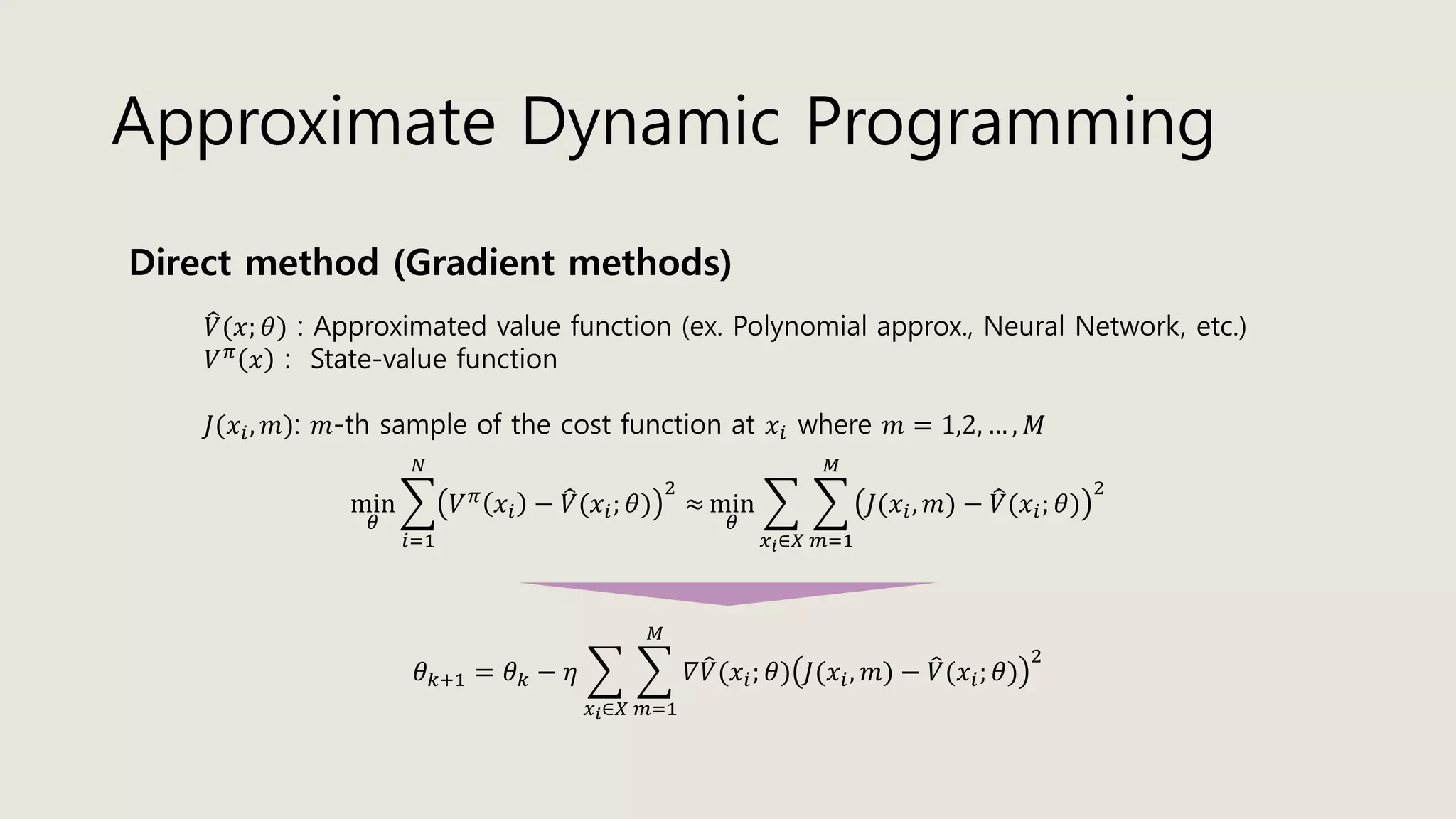 Approximate Dynamic Programming
Direct method (Gradient methods)
min
𝜃
෍
𝑖=1
𝑁
𝑉 𝜋
𝑥𝑖 − ෠𝑉(𝑥𝑖; 𝜃)
2
≈ min
𝜃
෍
𝑥 𝑖∈𝑋
෍
𝑚=1
𝑀
𝐽(𝑥𝑖, 𝑚) − ෠𝑉(𝑥𝑖; 𝜃)
2
෠𝑉(𝑥; 𝜃) : Approximated value function (ex. Polynomial approx., Neural Network, etc.)
𝑉 𝜋
𝑥 : State-value function
𝐽(𝑥𝑖, 𝑚): 𝑚-th sample of the cost function at 𝑥𝑖 where 𝑚 = 1,2, … , 𝑀
𝜃 𝑘+1 = 𝜃 𝑘 − 𝜂 ෍
𝑥 𝑖∈𝑋
෍
𝑚=1
𝑀
𝛻 ෠𝑉(𝑥𝑖; 𝜃) 𝐽(𝑥𝑖, 𝑚) − ෠𝑉(𝑥𝑖; 𝜃)
2
 