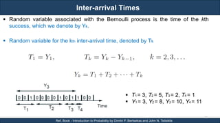 Inter-arrival Times
RJEs: Remote job entry points
11
Ref. Book - Introduction to Probability by Dimitri P. Bertsekas and John N. Tsitsiklis
 Random variable associated with the Bernoulli process is the time of the kth
success, which we denote by Yk.
 Random variable for the kth inter-arrival time, denoted by Tk
 T1 = 3, T2 = 5, T3 = 2, T4 = 1
 Y1 = 3, Y2 = 8, Y3 = 10, Y4 = 11
 