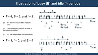 Illustration of busy (B) and idle (I) periods
RJEs: Remote job entry points
14
Ref. Book - Introduction to Probability by Dimitri P. Bertsekas and John N. Tsitsiklis
 T = 4, B = 3, and I = 2
 T = 1, I = 5, and B = 4
(a) T = the time index of the first idle
slot;
(b) B = the length (number of slots) of
the first busy period;
(c) I = the length of the first idle period.
 