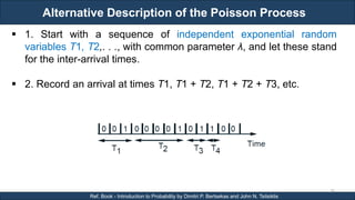Alternative Description of the Poisson Process
RJEs: Remote job entry points
36
Ref. Book - Introduction to Probability by Dimitri P. Bertsekas and John N. Tsitsiklis
 1. Start with a sequence of independent exponential random
variables T1, T2,. . ., with common parameter λ, and let these stand
for the inter-arrival times.
 2. Record an arrival at times T1, T1 + T2, T1 + T2 + T3, etc.
 