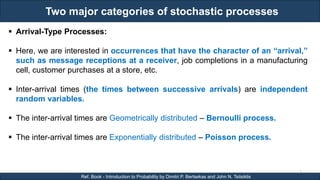 Two major categories of stochastic processes
RJEs: Remote job entry points
5
Ref. Book - Introduction to Probability by Dimitri P. Bertsekas and John N. Tsitsiklis
 Arrival-Type Processes:
 Here, we are interested in occurrences that have the character of an “arrival,”
such as message receptions at a receiver, job completions in a manufacturing
cell, customer purchases at a store, etc.
 Inter-arrival times (the times between successive arrivals) are independent
random variables.
 The inter-arrival times are Geometrically distributed – Bernoulli process.
 The inter-arrival times are Exponentially distributed – Poisson process.
 