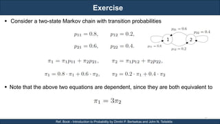 Exercise
RJEs: Remote job entry points
71
Ref. Book - Introduction to Probability by Dimitri P. Bertsekas and John N. Tsitsiklis
 Consider a two-state Markov chain with transition probabilities
 Note that the above two equations are dependent, since they are both equivalent to
 