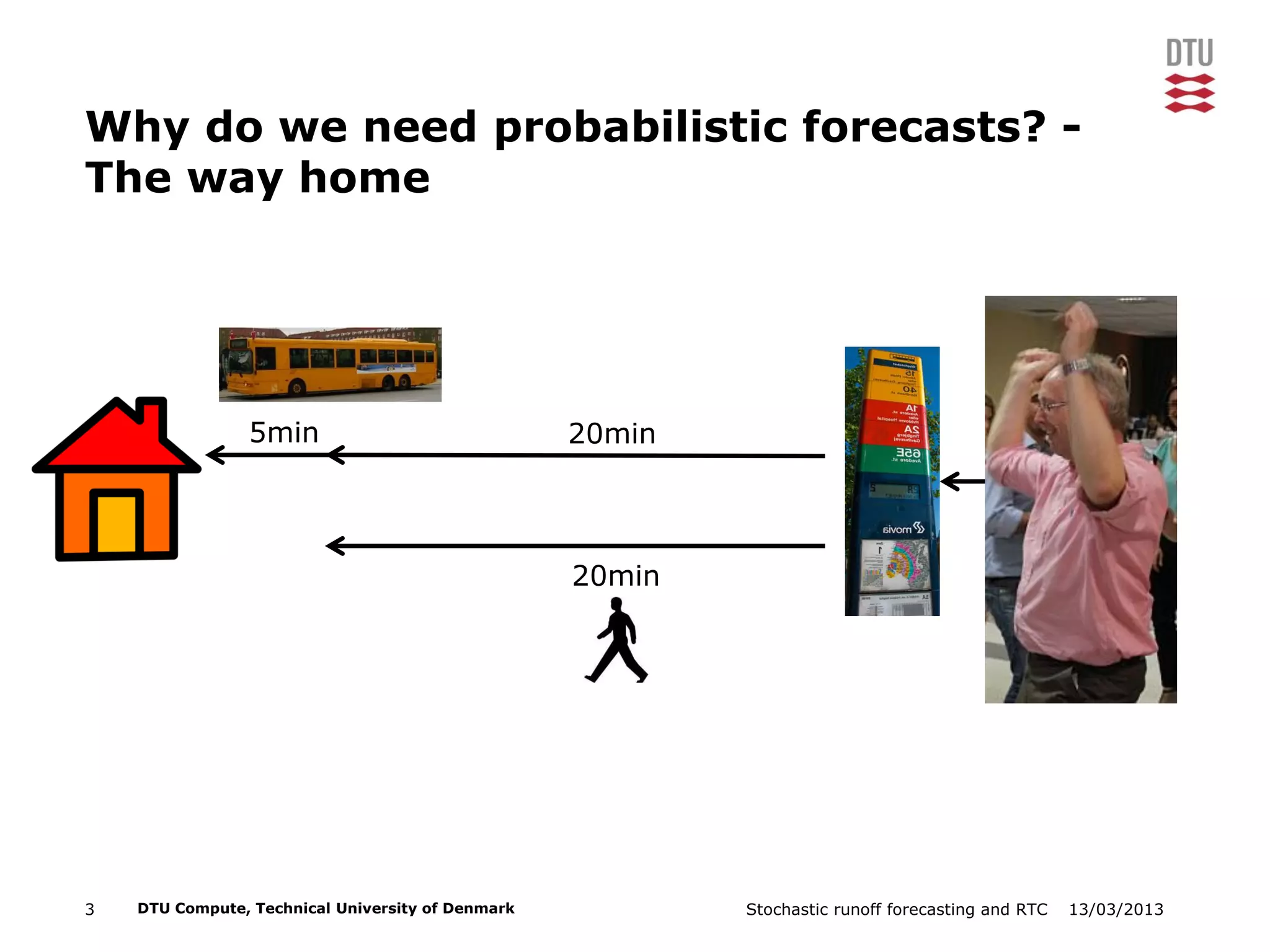 13/03/2013Stochastic runoff forecasting and RTC3 DTU Compute, Technical University of Denmark
Why do we need probabilistic forecasts? -
The way home
20min5min
20min
 
