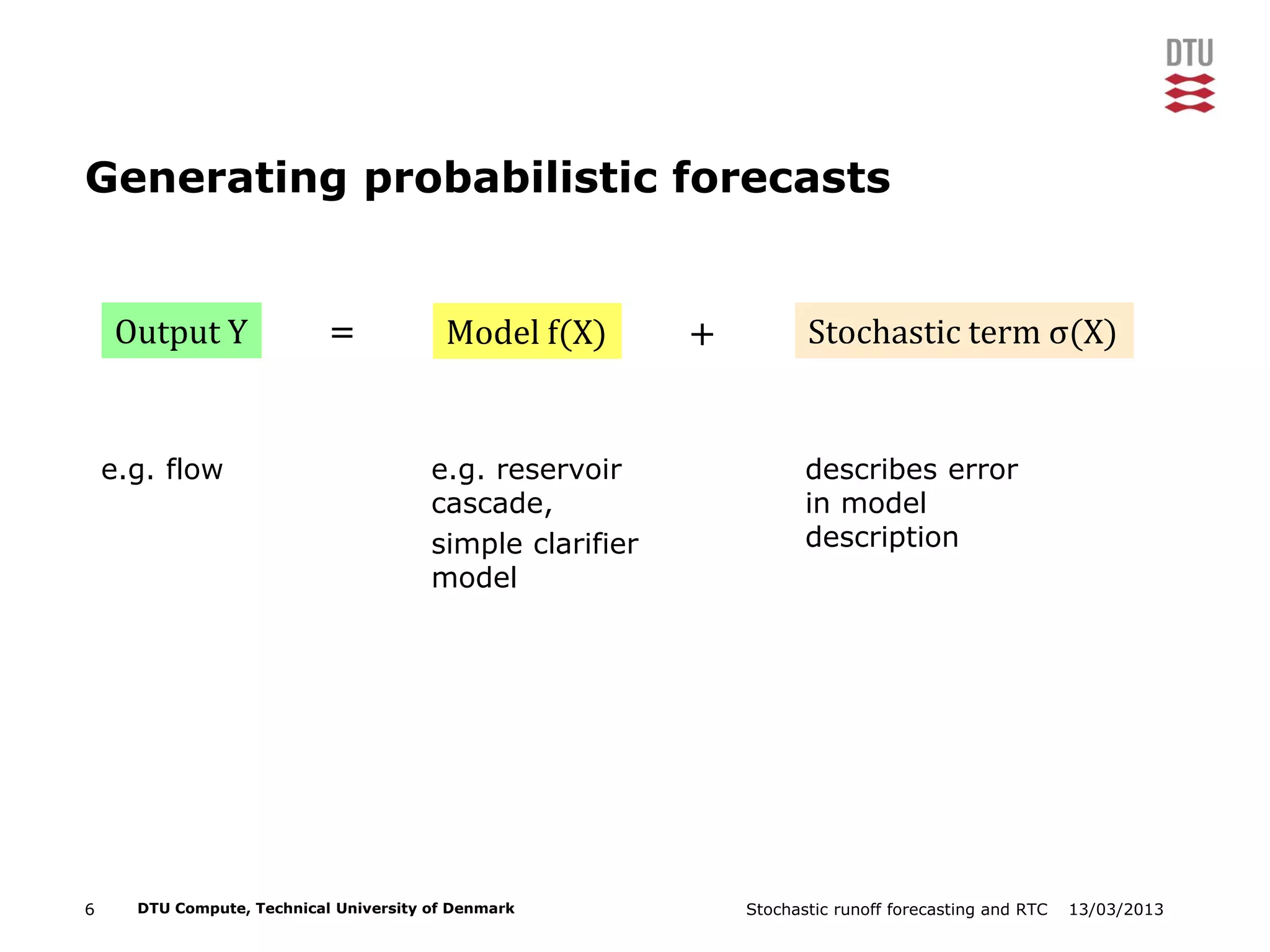 13/03/2013Stochastic runoff forecasting and RTC6 DTU Compute, Technical University of Denmark
Generating probabilistic forecasts
Output Y Model f(X) Stochastic term σ(X)= +
e.g. flow e.g. reservoir
cascade,
simple clarifier
model
describes error
in model
description
 