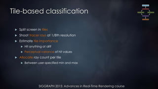 SIGGRAPH 2015: Advances in Real-Time Rendering course
Tile-based classification
 Split screen in tiles
 Shoot tracer rays at 1/8th resolution
 Estimate tile importance
 Hit anything at all?
 Perceptual variance of hit values
 Allocate ray count per tile
 Between user-specified min and max
 
