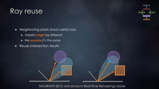 SIGGRAPH 2015: Advances in Real-Time Rendering course
Ray reuse
 Neighboring pixels shoot useful rays
 Visibility might be different
 We assume it’s the same
 Reuse intersection results
 