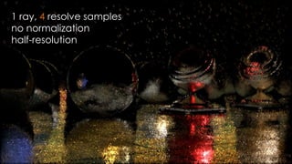 SIGGRAPH 2015: Advances in Real-Time Rendering course
1 ray, 4 resolve samples
no normalization
half-resolution
 