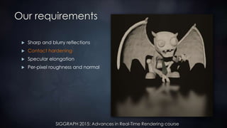 SIGGRAPH 2015: Advances in Real-Time Rendering course
Our requirements
 Sharp and blurry reflections
 Contact hardening
 Specular elongation
 Per-pixel roughness and normal
 
