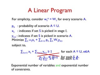 An Integer Program
For simplicity, consider wS
A
= WS for every scenario A.
pA : probability of scenario A  U.
xS : indicates if set S is picked in stage I.
yA,S : indicates if set S is picked in scenario A.
Minimize ∑S SxS + ∑AU pA ∑S WSyA,S
subject to,
∑S:eS xS + ∑S:eS yA,S ≥ 1 for each A  U, eA
xS, yA,S  {0,1} for each S, A.
A Linear Program
xS, yA,S ≥ 0 for each S, A
Exponential number of variables and exponential number
of constraints.
 