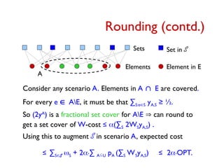 Sets
Elements
Rounding (contd.)
Set in S
Element in E
Consider any scenario A. Elements in A E are covered.
For every e AE, it must be that ∑S:eS yA,S ≥ ½.
So (2yA
) is a fractional set cover for AE  can round to
get a set cover of W-cost ≤ (∑S 2WSyA,S) .
A
Using this to augment S in scenario A, expected cost
≤ ∑SS S + 2.∑ AU pA (∑S WSyA,S) ≤ 2.OPT.
 