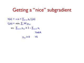 Getting a “nice” subgradient
h(x) = .x + ∑AU pA fA(x)
fA(x) = min. ∑S WSyA,S
s.t. ∑S:eS yA,S ≥ 1 – ∑S:eS xS
eA
yA,S ≥ 0 S
 