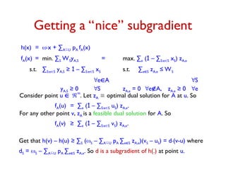 Getting a “nice” subgradient
h(x) = .x + ∑AU pA fA(x)
fA(x) = min. ∑S WSyA,S = max. ∑e (1 – ∑S:eS xS) zA,e
s.t. ∑S:eS yA,S ≥ 1 – ∑S:eS xS s.t. ∑eS zA,e ≤ WS
eA S
yA,S ≥ 0 S zA,e = 0 eA, zA,e ≥ 0 e
Consider point u m
. Let zA  optimal dual solution for A at u. So
fA(u) = ∑e (1 – ∑S:eS uS) zA,e.
For any other point v, zA is a feasible dual solution for A. So
fA(v) ≥ ∑e (1 – ∑S:eS vS) zA,e.
Get that h(v) – h(u) ≥ ∑S (S – ∑AU pA ∑eS zA,e)(vS – uS) = d.(v-u) where
dS = S – ∑AU pA ∑eS zA,e. So d is a subgradient of h(.) at point u.
 