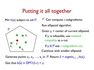 Putting it all together
Min h(x) subject to xP.  Can compute -subgradients.
Run ellipsoid algorithm.
Given yi = center of current ellipsoid.
Continue with smaller ellipsoid.
If yi is infeasible, use violated
inequality as a cut.
If yi P use -subgradient cut.
P
x1
x2
xk
x*
Generate points x1, x2, …, xk in P. Return x = argmini=1…k h(xi).
Get that h(x) ≤ OPT/(1-) + .
 