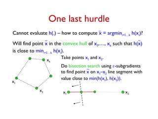 One last hurdle
Cannot evaluate h(.) – how to compute x = argmini=1…k h(xi)?
Will find point x in the convex hull of x1,…, xk such that h(x)
is close to mini=1…k h(xi).
xk
x2 x2
x1
x1
Take points x1 and x2.
Do bisection search using -subgradients
to find point x on x1–x2 line segment with
value close to min(h(x1), h(x2)).
 