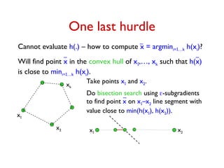 One last hurdle
Cannot evaluate h(.) – how to compute x = argmini=1…k h(xi)?
Will find point x in the convex hull of x1,…, xk such that h(x)
is close to mini=1…k h(xi).
xk
x2 x2
x1
x1
Take points x1 and x2.
Do bisection search using -subgradients
to find point x on x1–x2 line segment with
value close to min(h(x1), h(x2)).
 