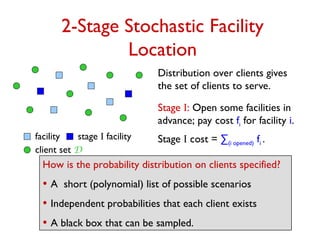 2-Stage Stochastic Facility
Location
Distribution over clients gives
the set of clients to serve.
client set D
facility
Stage I: Open some facilities in
advance; pay cost fi for facility i.
Stage I cost = ∑(i opened) fi .
stage I facility
How is the probability distribution on clients specified?
• A short (polynomial) list of possible scenarios
• Independent probabilities that each client exists
• A black box that can be sampled.
 