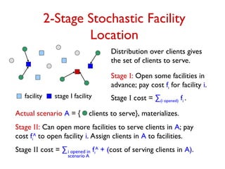 2-Stage Stochastic Facility
Location
Distribution over clients gives
the set of clients to serve.
facility
Stage I: Open some facilities in
advance; pay cost fi for facility i.
Stage I cost = ∑(i opened) fi .
stage I facility
Actual scenario A = { clients to serve}, materializes.
Stage II: Can open more facilities to serve clients in A; pay
cost fi
A
to open facility i. Assign clients in A to facilities.
Stage II cost = ∑ fi
A
+ (cost of serving clients in A).
i opened in
scenario A
 