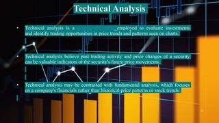 Slide Title
11
Lorem ipsum dolor sit amet
• Lorem ipsum dolor sit amet, consectetur adipiscing elit
• Lorem ipsum dolor sit amet, consectetur adipiscing elit
• Lorem ipsum dolor sit amet, consectetur adipiscing elit
Lorem ipsum dolor sit amet
• Lorem ipsum dolor sit amet, consectetur adipiscing elit
• Lorem ipsum dolor sit amet, consectetur adipiscing elit
• Lorem ipsum dolor sit amet, consectetur adipiscing elit
• Technical analysis is a trading discipline employed to evaluate investments
and identify trading opportunities in price trends and patterns seen on charts.
• Technical analysts believe past trading activity and price changes of a security
can be valuable indicators of the security's future price movements.
• Technical analysis may be contrasted with fundamental analysis, which focuses
on a company's financials rather than historical price patterns or stock trends.
Technical Analysis
11
 