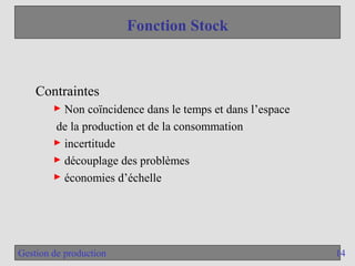 14
Gestion de production
Fonction Stock
Contraintes
► Non coïncidence dans le temps et dans l’espace
de la production et de la consommation
► incertitude
► découplage des problèmes
► économies d’échelle
 